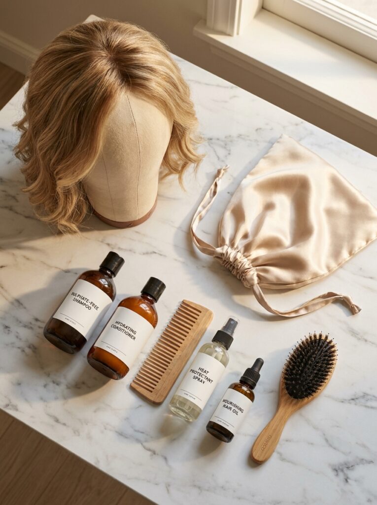 Wig care kit on marble: blonde wig on head form, sulfate-free shampoo, conditioner, heat spray, oil, comb, brush, satin bag