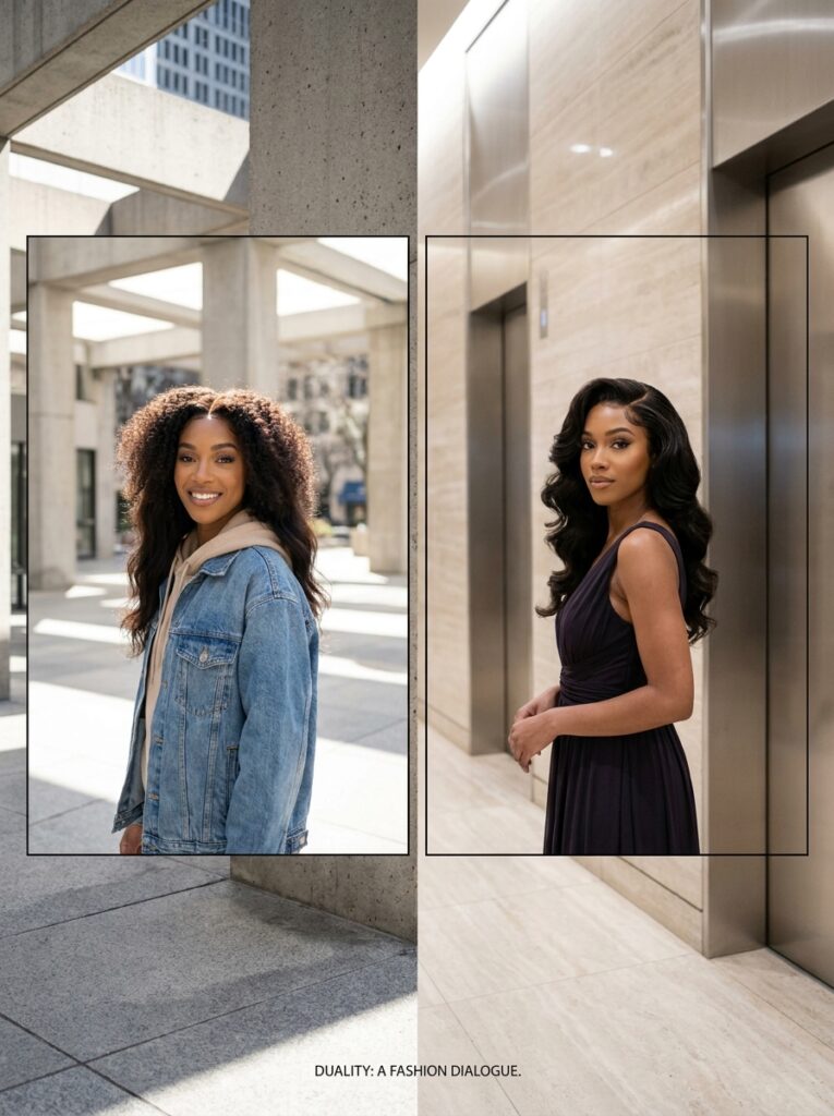 Split portrait showing fashion duality: woman in casual denim jacket outdoors and elegant evening gown indoors
