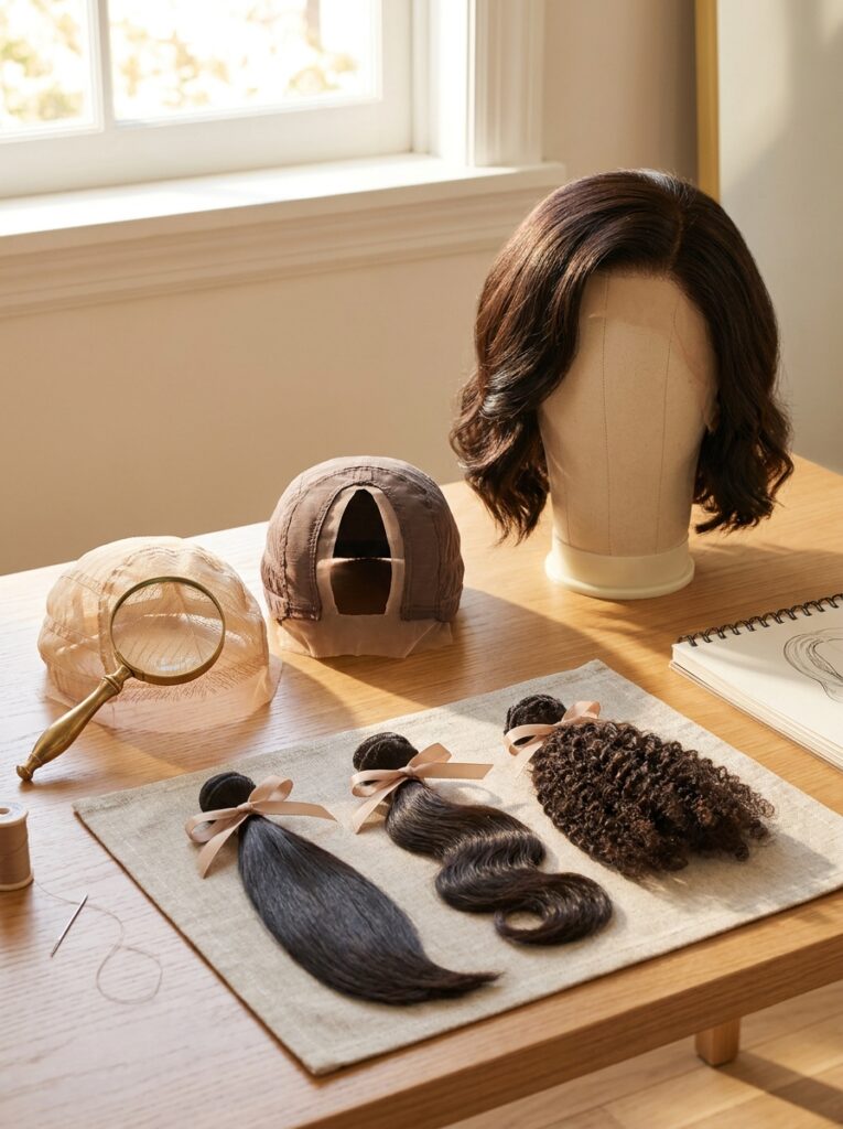 Wig and hair extensions workspace: mannequin with brown bob wig, wig caps, magnifier and straight, wavy, curly bundles on table
