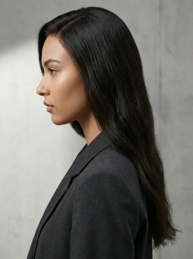 Corporate business profile headshot of woman with long dark hair wearing gray blazer against concrete backdrop