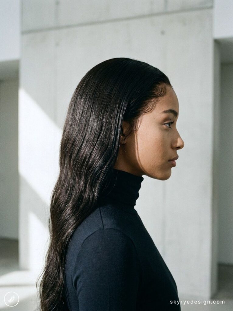 Side profile portrait of woman with long dark hair wearing black turtleneck against minimalist concrete interior background