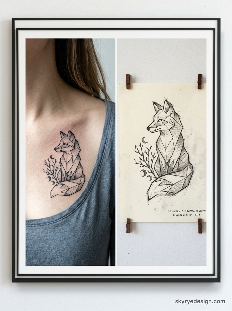 Geometric fox chest tattoo with matching pencil sketch tattoo concept pinned to wall