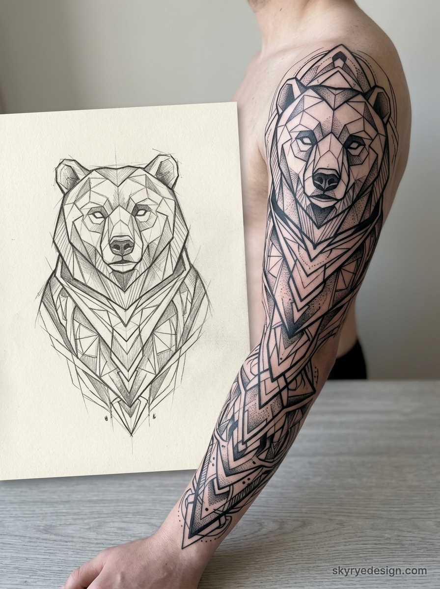 Full-sleeve geometric bear tattoo in black ink on arm with matching pencil sketch design displayed beside it