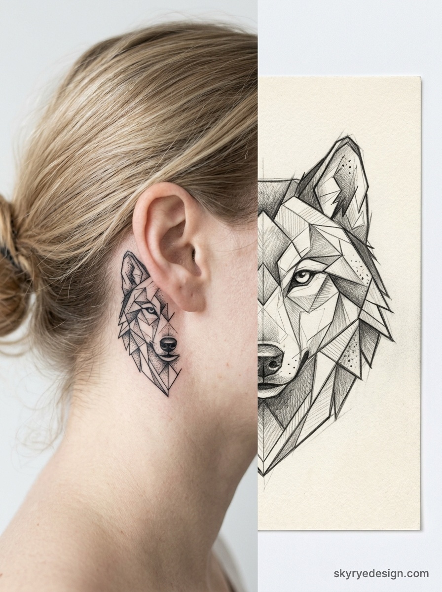 Geometric wolf tattoo behind ear on woman with matching pencil sketch design, minimalist linework and polygonal detail