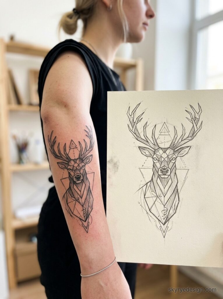 Geometric stag deer forearm tattoo in black linework with matching pencil sketch shown beside it