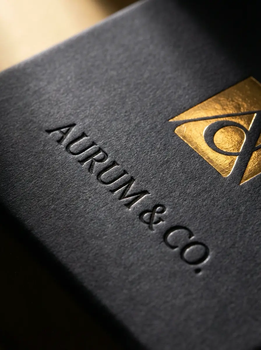 Embossed Aurum & Co. luxury logo in gold foil on black textured paper, close-up of premium brand stationery