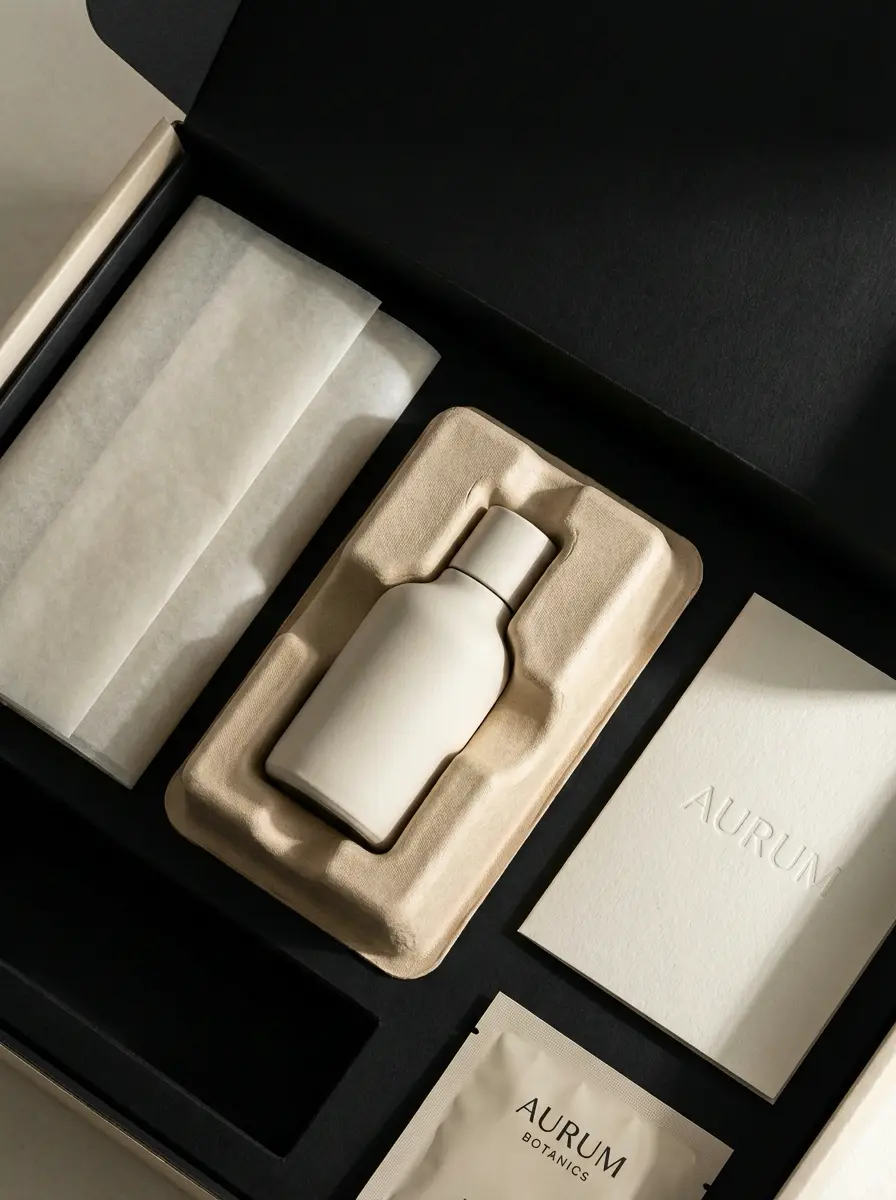 Aurum Botanics luxury skincare kit: minimalist matte bottle in molded tray, branded sachet and card