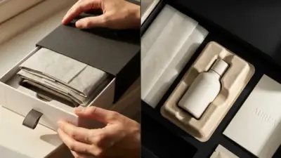 Luxury skincare packaging unboxing - black drawer box with tissue-wrapped products and molded pulp tray holding white bottle