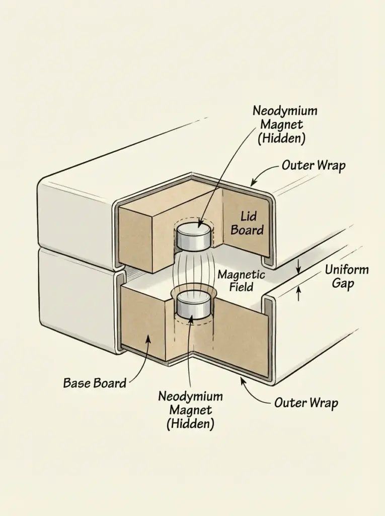 Cross-section diagram of magnetic box closure using hidden neodymium magnets in lid and base creating a uniform gap.