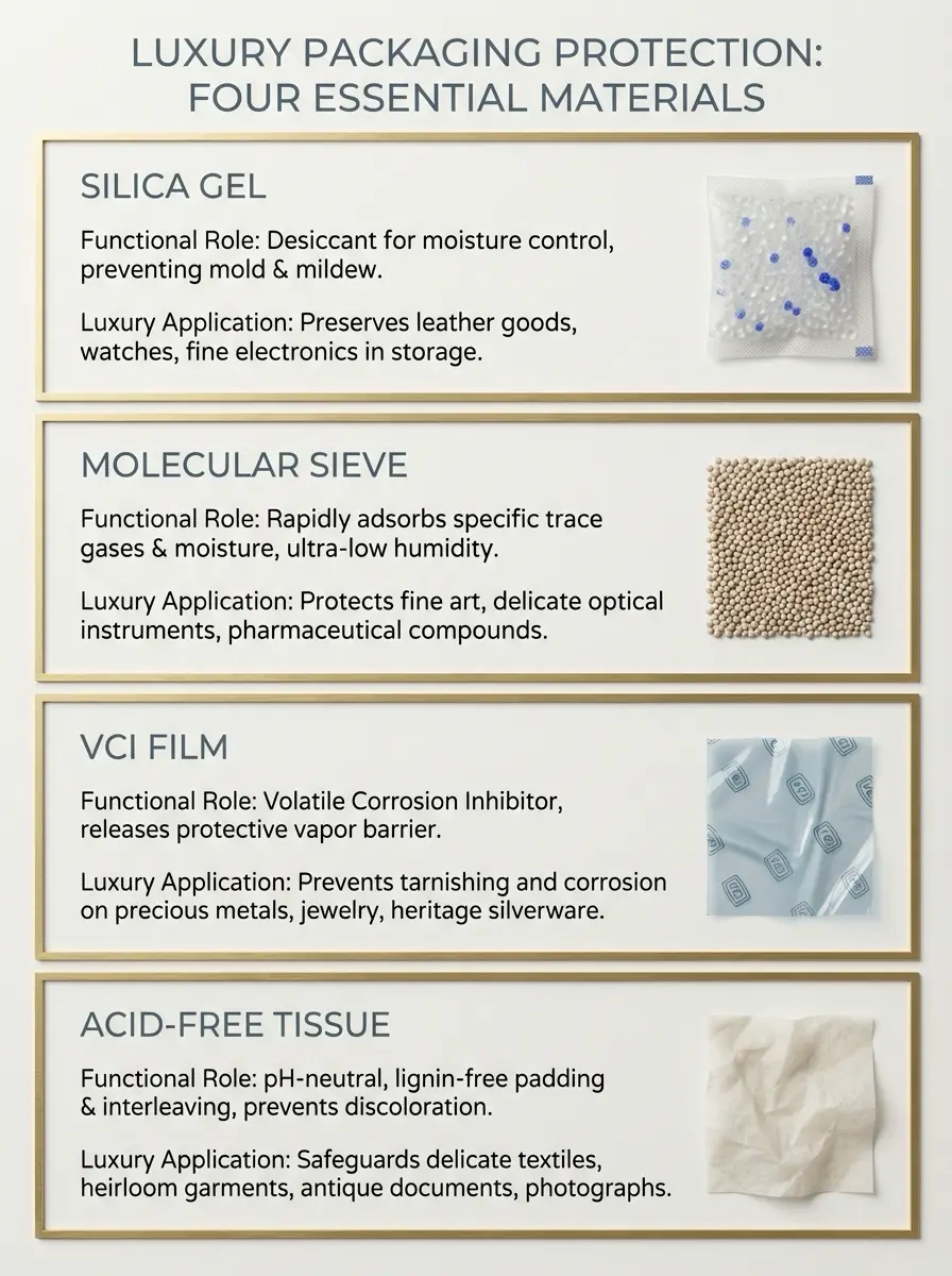 Infographic: luxury packaging protection materials: silica gel, molecular sieve, VCI film, acid-free tissue and uses.