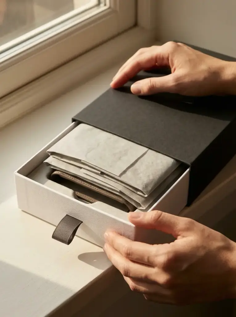 Hands opening luxury drawer gift box with tissue-wrapped leather wallet on windowsill