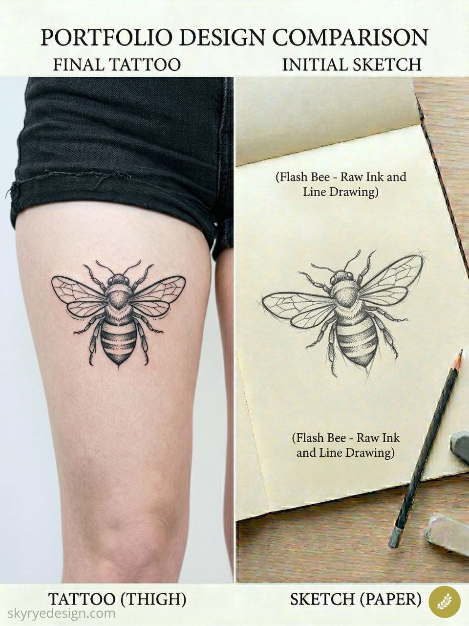 Bee tattoo thigh — black ink line-drawing sketch beside finished thigh tattoo, portfolio design comparison