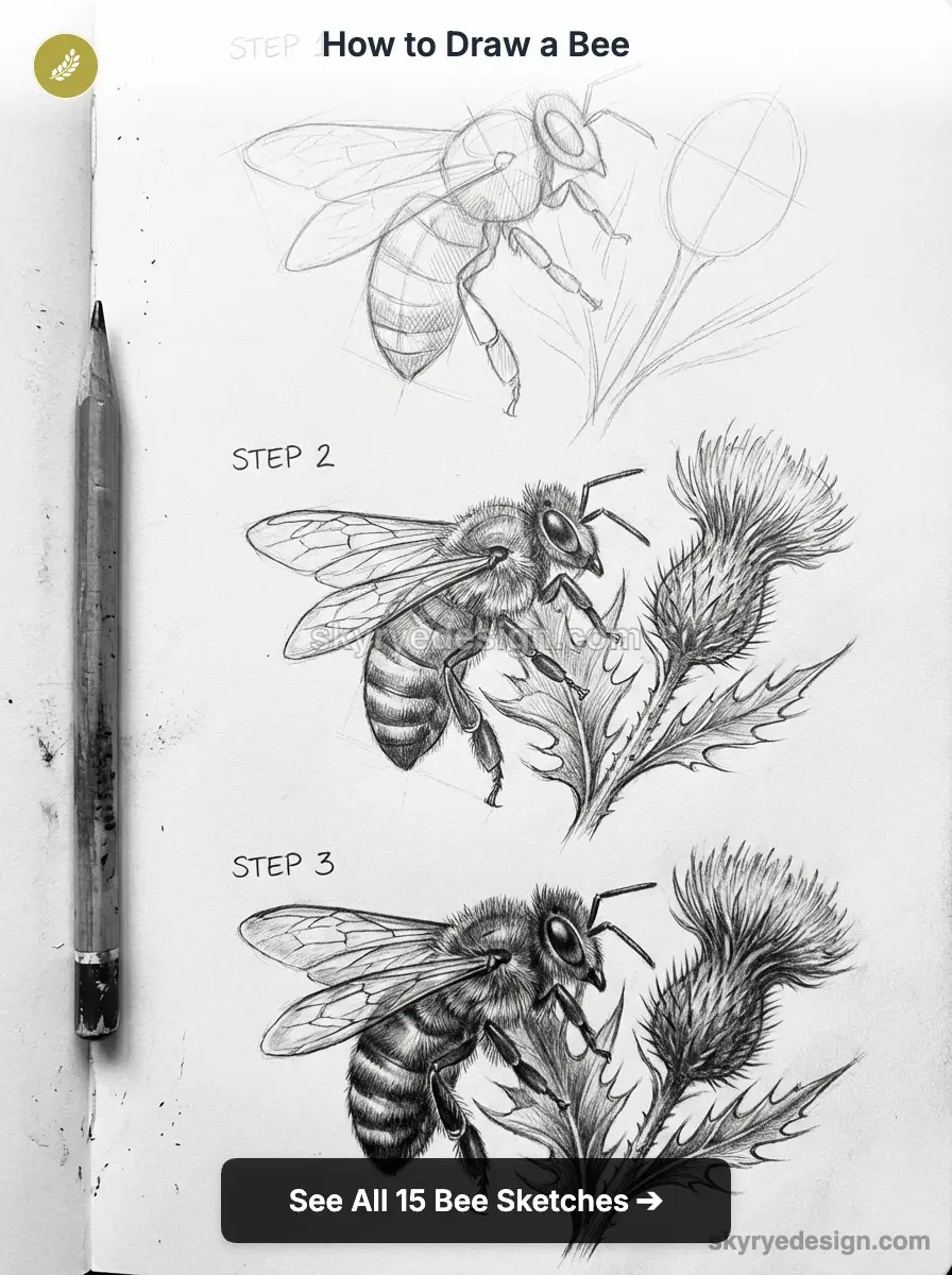 Step-by-step pencil tutorial: bee sketches from rough outline to a detailed bee feeding on a thistle.