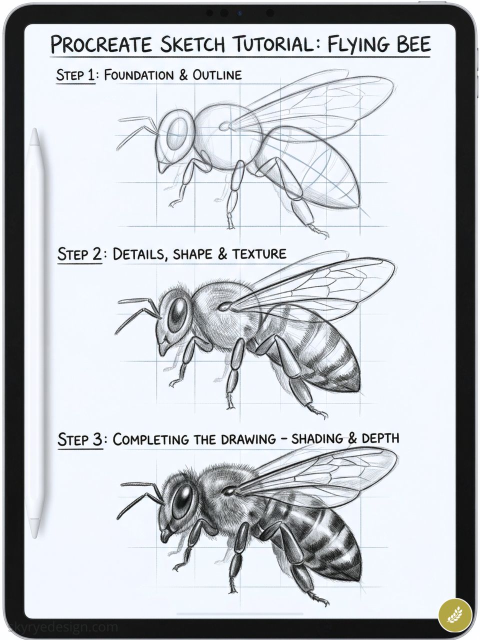 Procreate tutorial: step-by-step flying bee sketch on iPad with Apple Pencil — outlines, details and shading