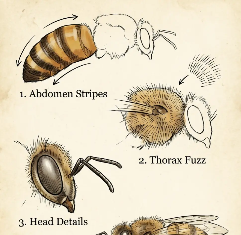 Vintage-style illustrated guide to honey bee identification: abdomen stripes, thorax fuzz, and head details.