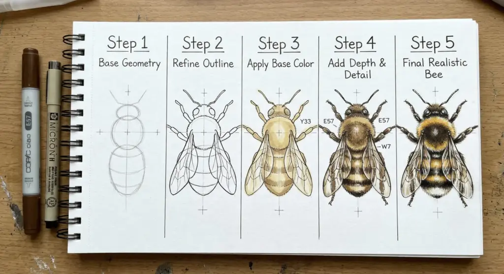 How to draw a bee: step-by-step 5-stage tutorial from base geometry sketch to final realistic colored bee