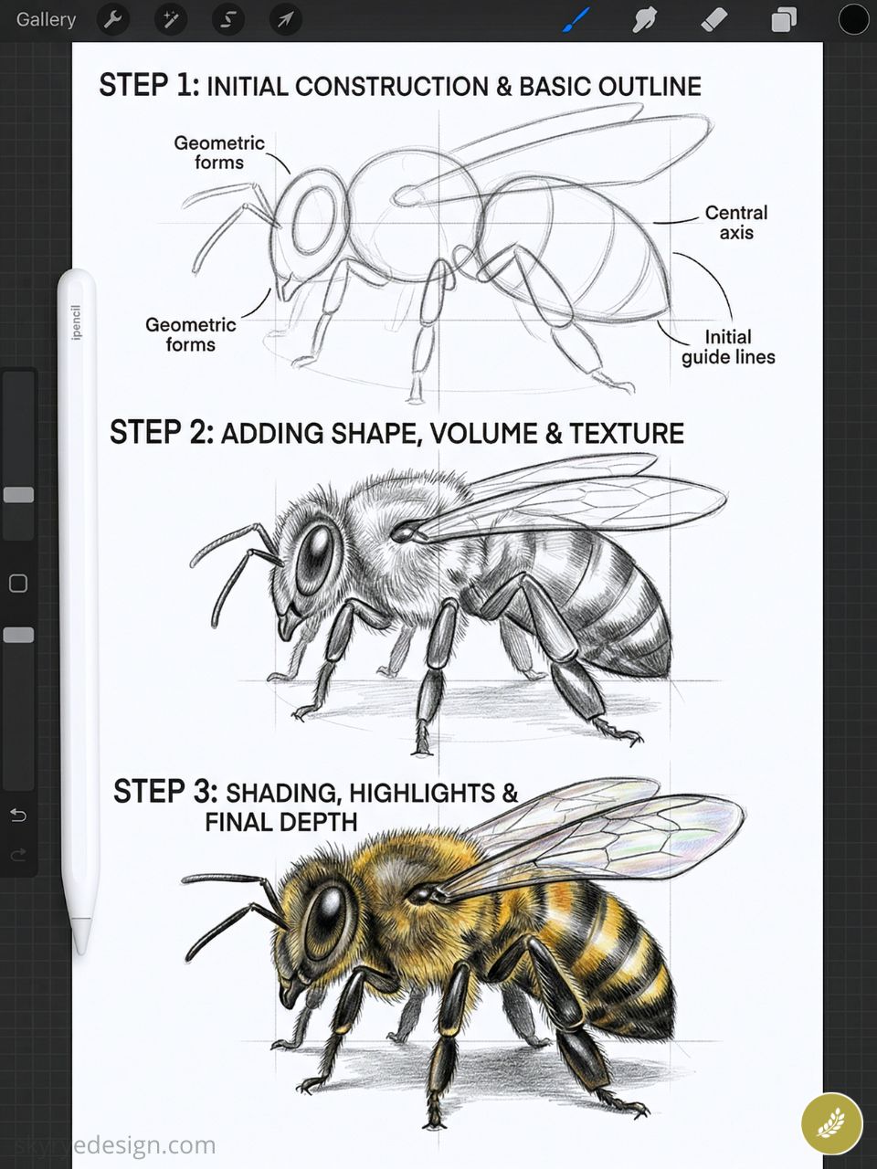 Digital step-by-step bee drawing tutorial: construction, shape and texture, shading to final colored bee