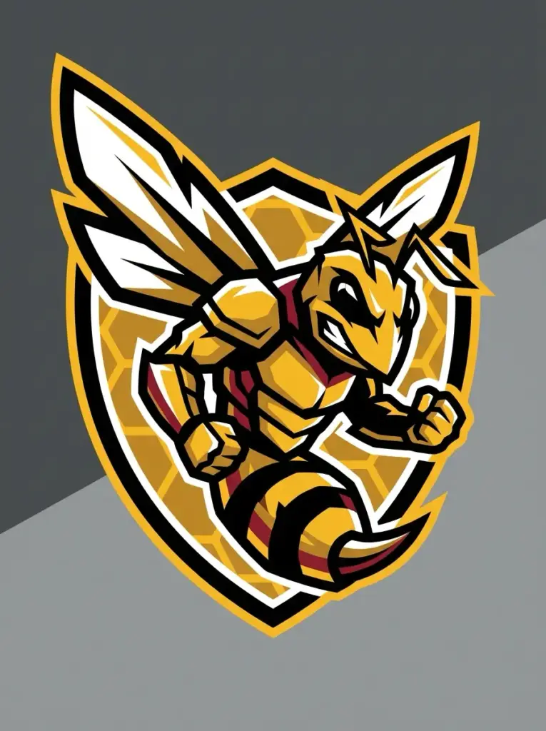 Aggressive yellow hornet mascot with clenched fists and wings over honeycomb shield, bold sports/team logo