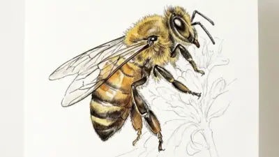 Realistic colored illustration of a honey bee pollinator in flight with pencil-sketched flower on white background