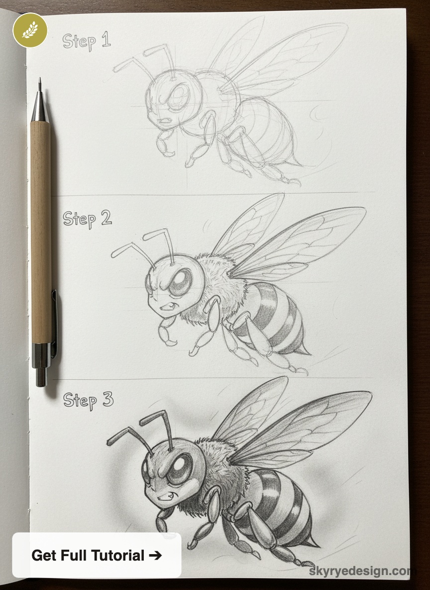 Step-by-step pencil drawing tutorial of a cartoon bee in a sketchbook (3 stages) with a mechanical pencil at left