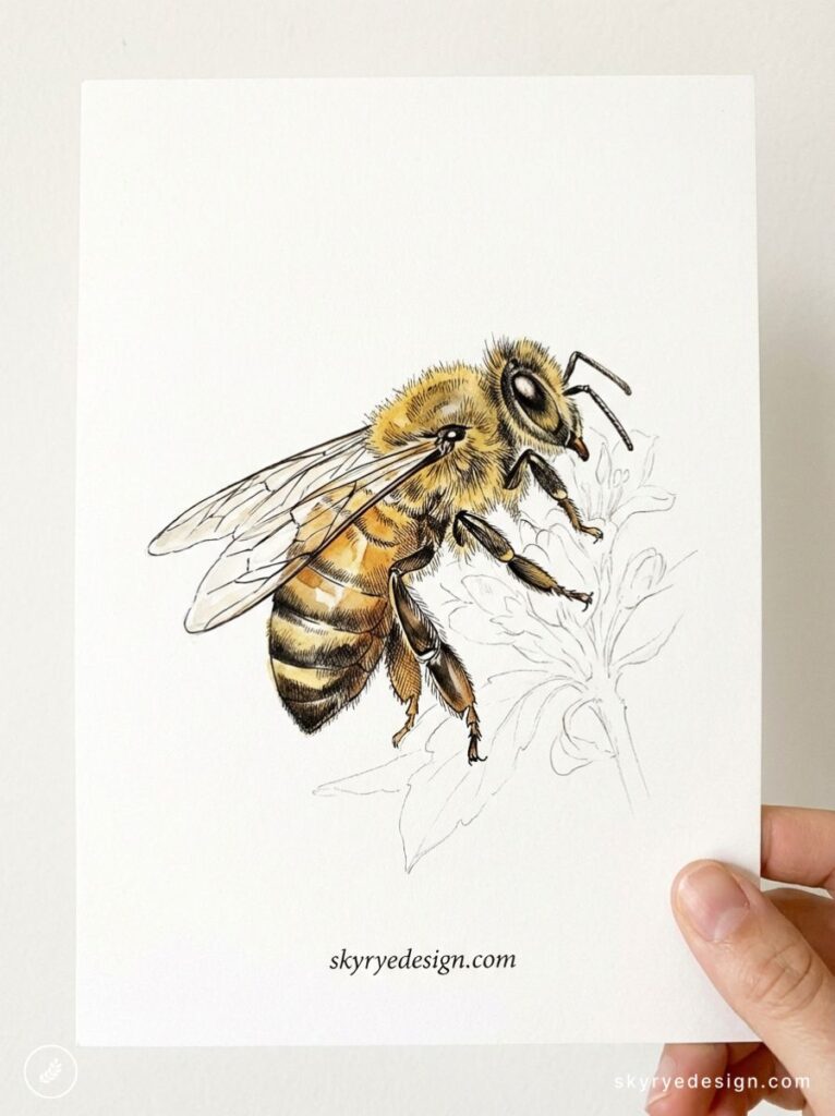 Handheld realistic watercolor and ink honeybee illustration print with floral sketch on white paper - skyryedesign.com