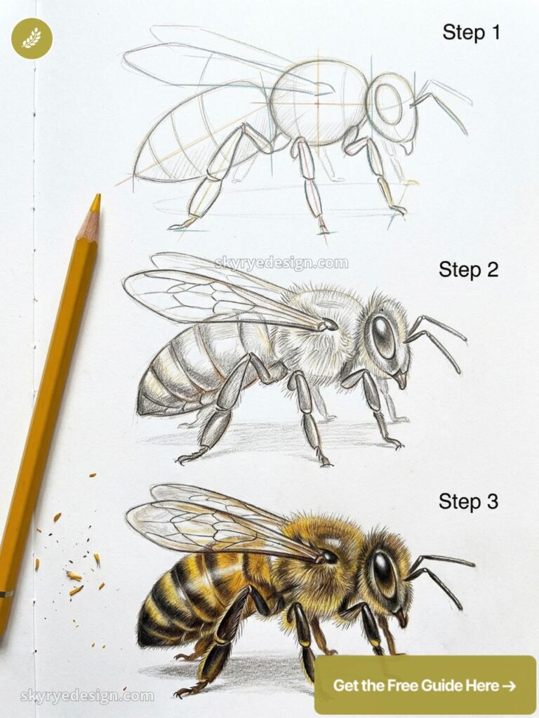 How to draw a bee: step-by-step tutorial showing three stages from rough pencil sketch to realistic colored honeybee.