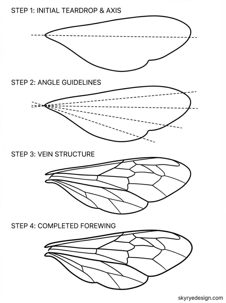 Step-by-step insect forewing drawing tutorial showing teardrop outline, angle guidelines, vein structure, and completed wing