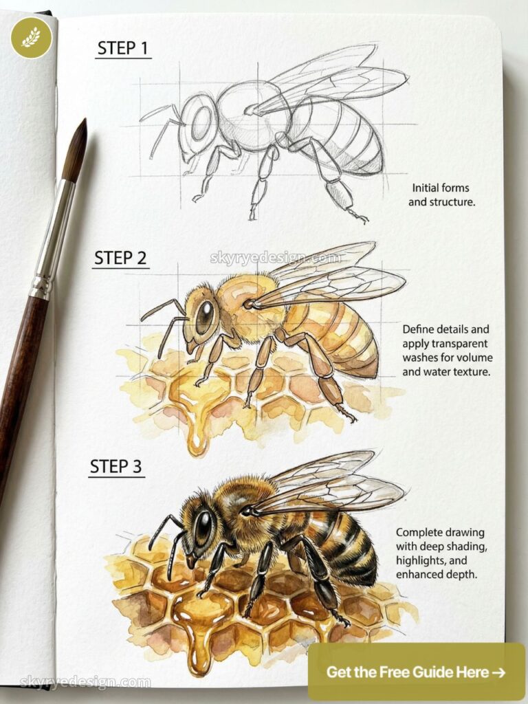 Bee drawing tutorial: step-by-step pencil sketch, watercolor midstage, finished realistic bee on honeycomb with brush.
