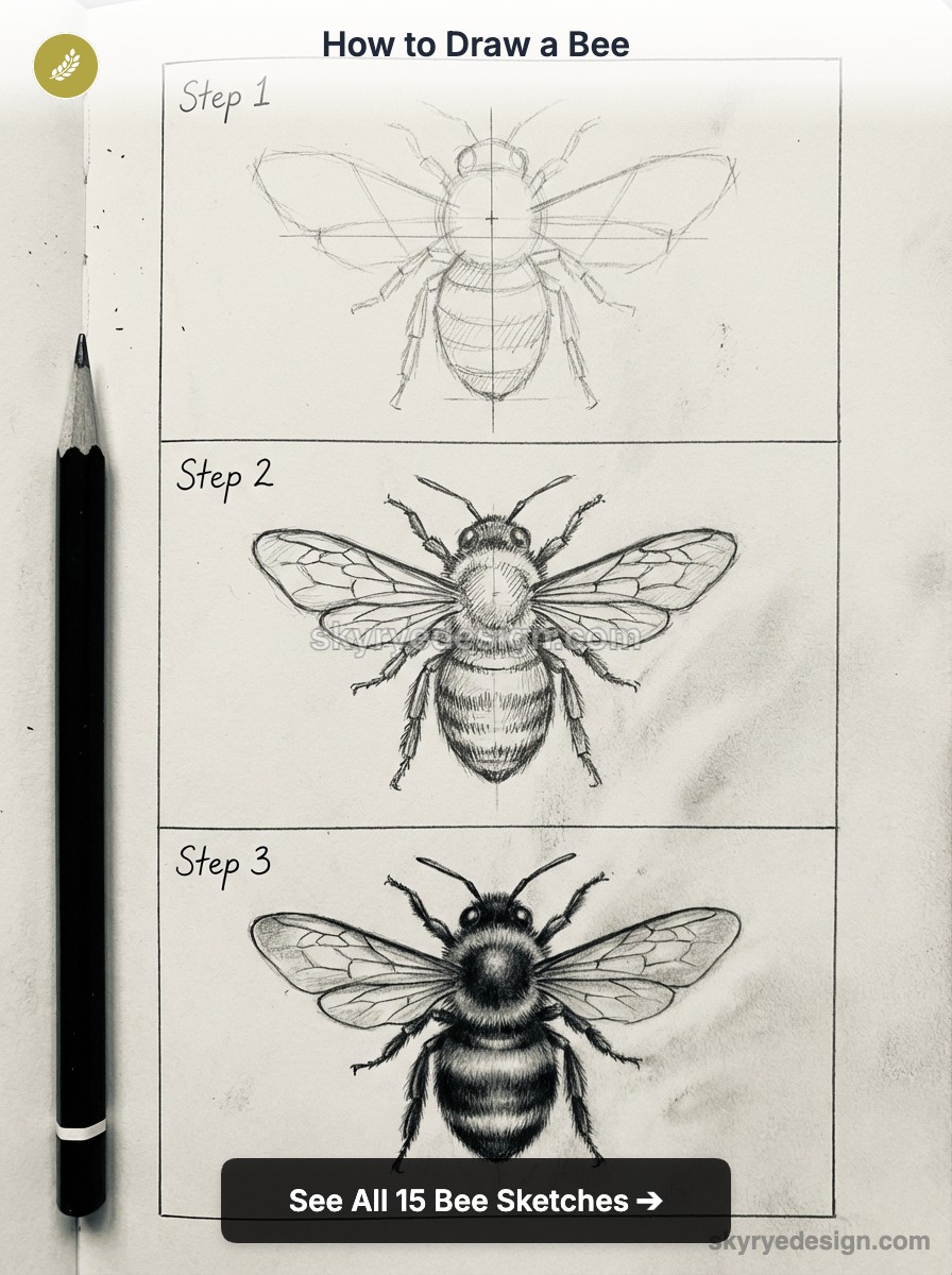 How to draw a bee: three-step pencil tutorial showing progressive realistic bee sketches on paper