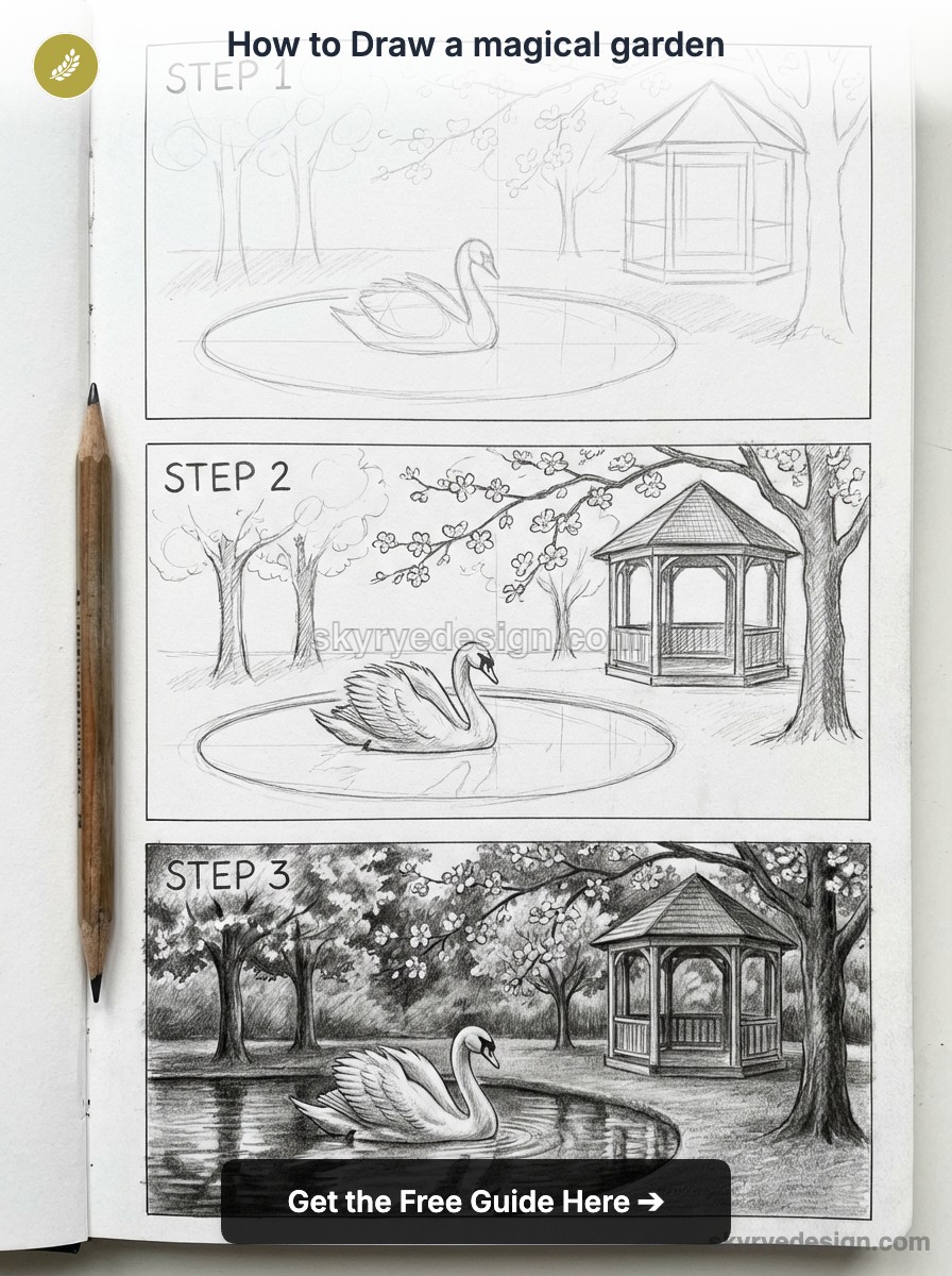 Step-by-step pencil tutorial: how to draw a magical garden with swan, pond, gazebo and trees
