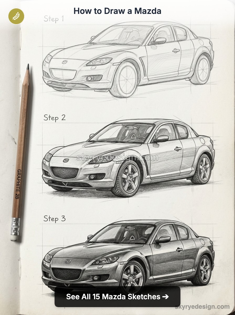 How to draw a Mazda: step-by-step pencil sketch tutorial showing three stages of a Mazda sports car in a sketchbook