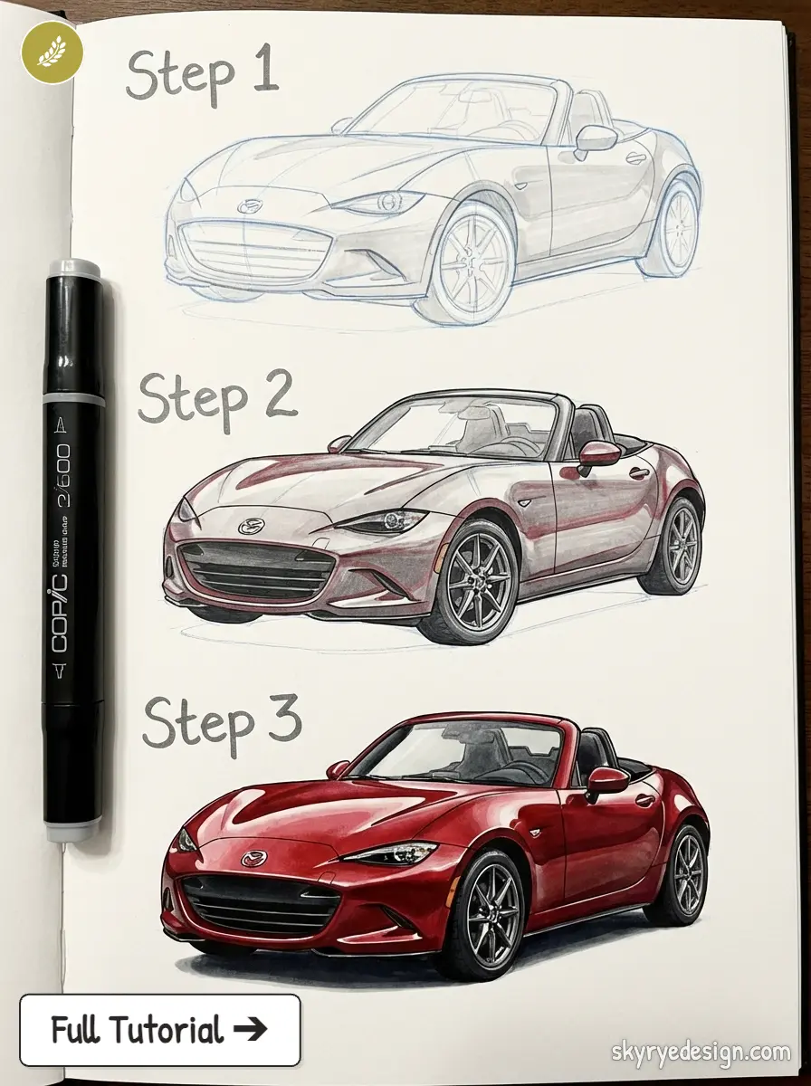 Step-by-step drawing tutorial: pencil sketch to full-color red Mazda MX-5 Miata convertible rendered with marker