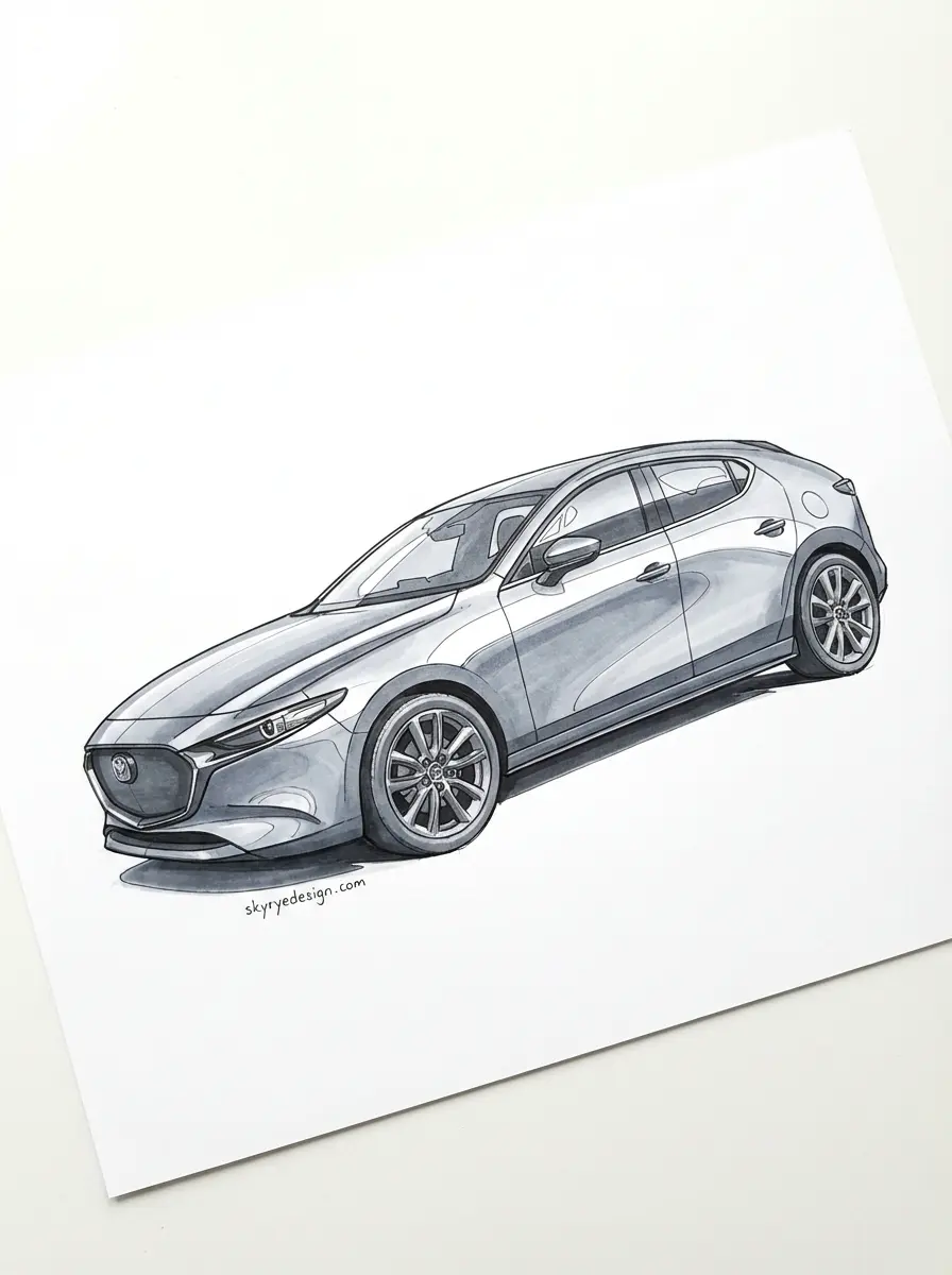 Grayscale hand-drawn hatchback car illustration in three-quarter view on white paper, automotive design sketch