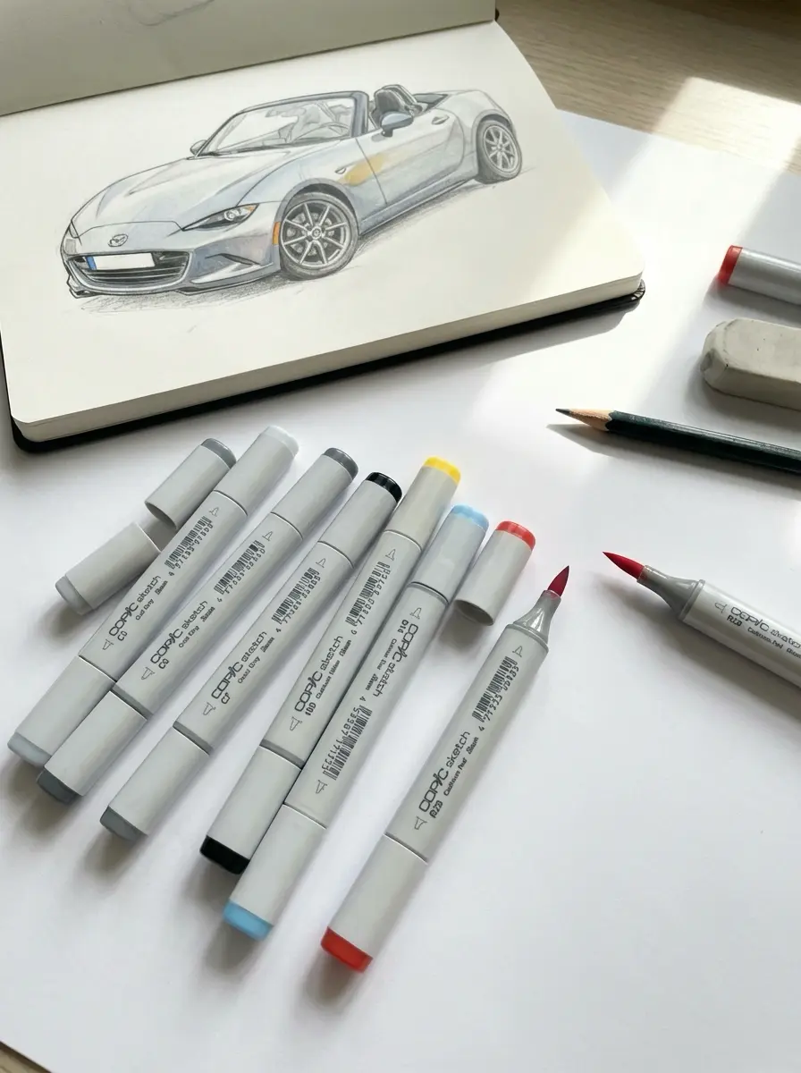 Convertible car sketch in sketchbook with Copic markers, pencil and eraser on white workspace