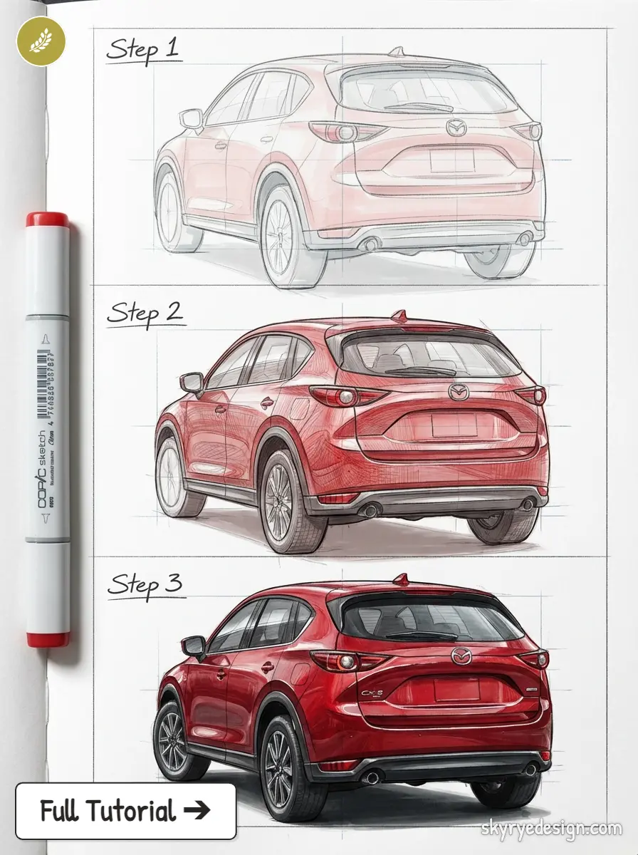 Step-by-step tutorial showing Mazda CX-5 red SUV drawing progression from rough sketch to detailed colored rendering