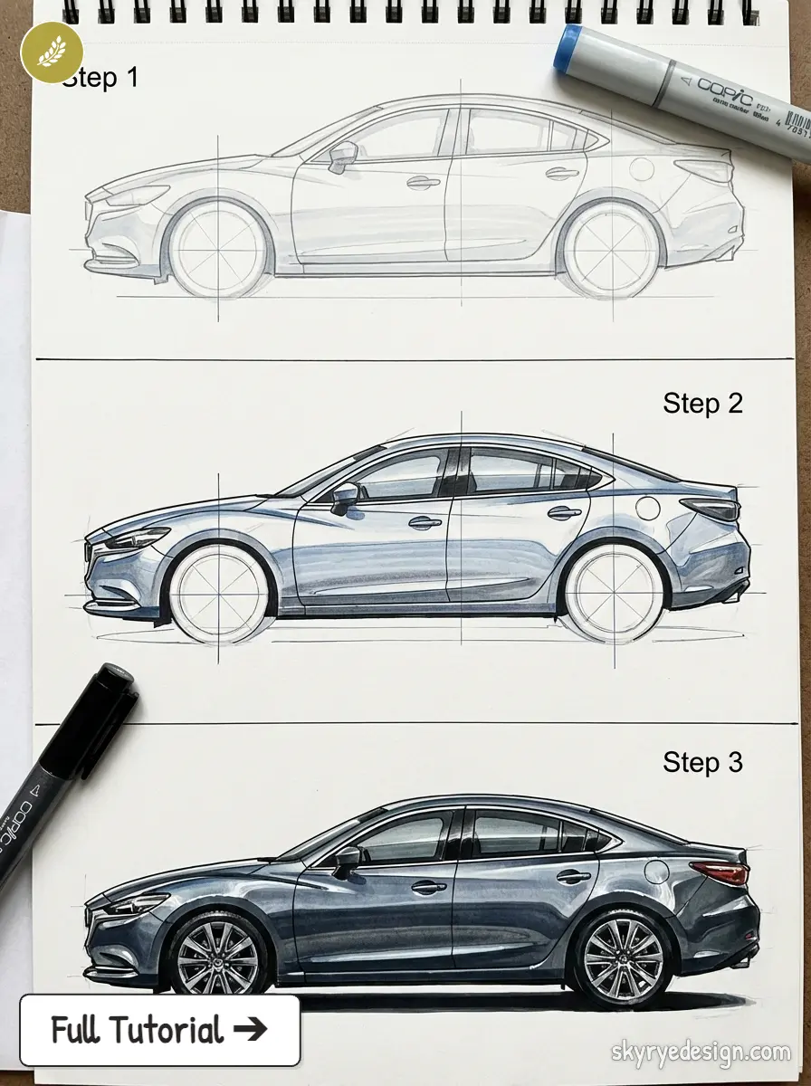 Three-step car sketch tutorial showing sedan drawing stages from basic outline to shaded photorealistic marker rendering.