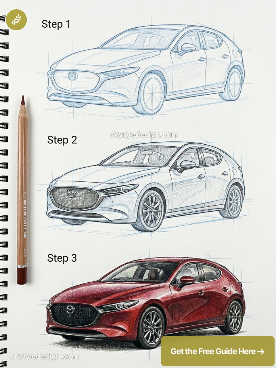 Step-by-step Mazda3 hatchback drawing tutorial: pencil sketches evolving to detailed red rendering on spiral sketchbook.