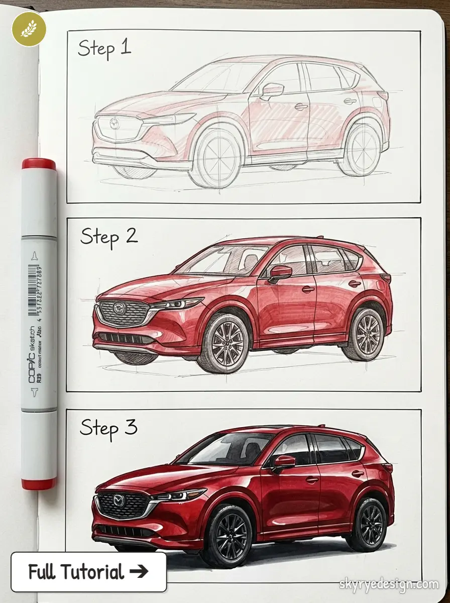 Three-step sketch-to-finished illustration of a red Mazda SUV in a notebook, with a red marker beside the pages