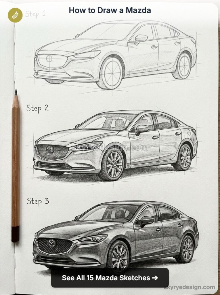 How to draw a Mazda: three-step pencil sketch tutorial showing progressive Mazda sedan drawings in a sketchbook