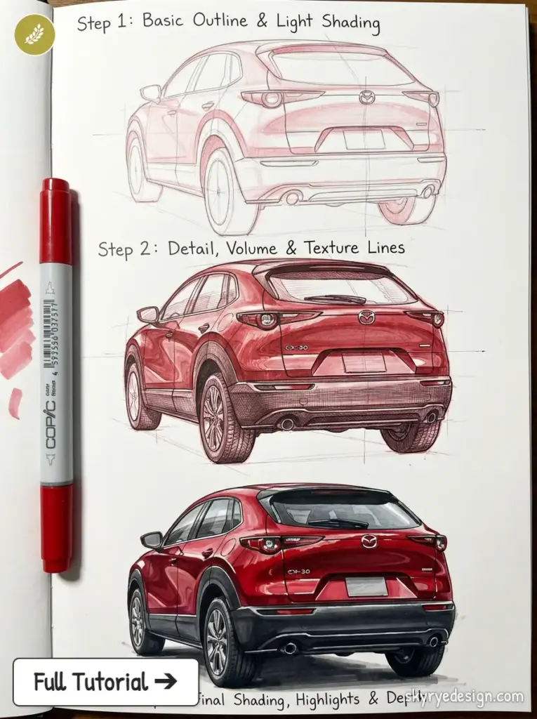 Mazda CX-30 drawing tutorial: three-step red-marker sketch to finished shaded rear three-quarter view.