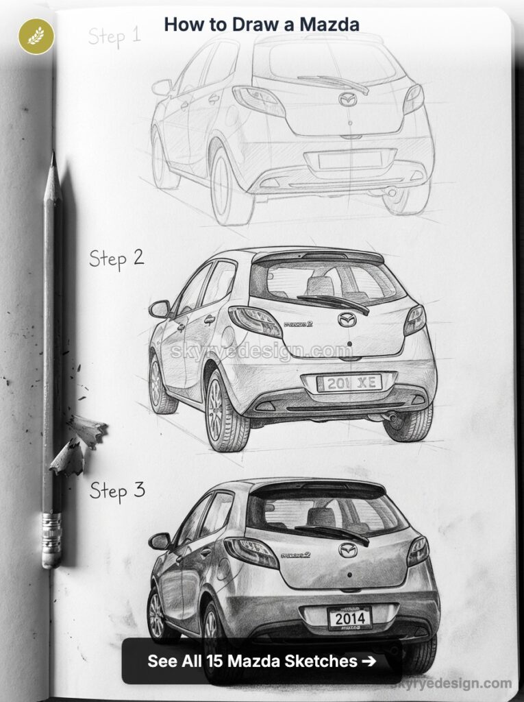 How to draw a Mazda: step-by-step pencil sketches of Mazda hatchback rear view with pencil
