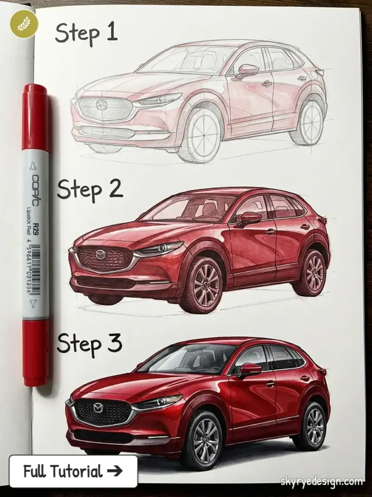 Three-step red Mazda SUV drawing tutorial from pencil sketch to photorealistic render, with red marker.