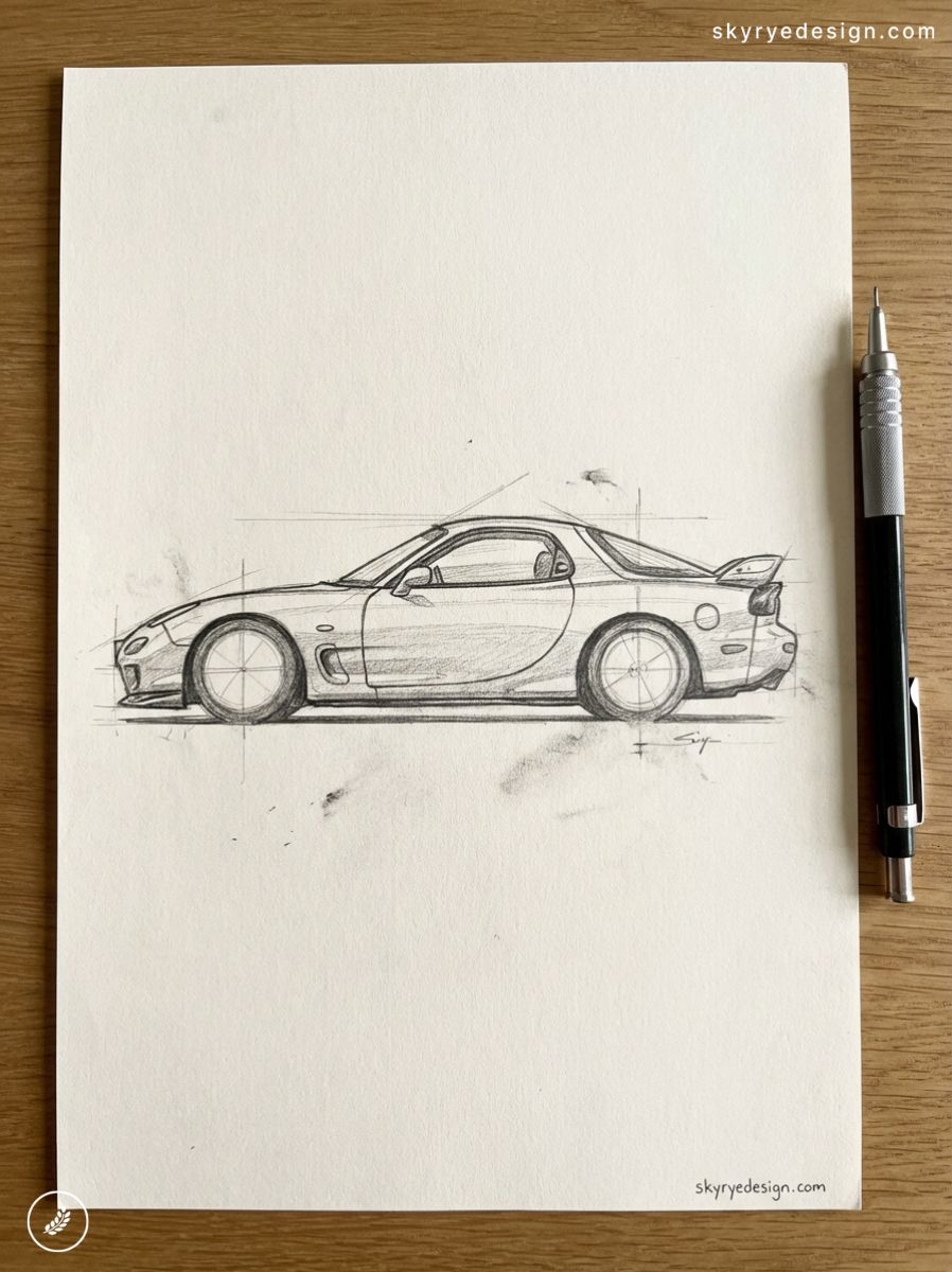 Hand-drawn pencil sketch side profile of a sports car on white paper with mechanical pencil on wooden desk