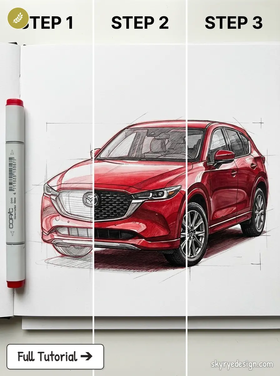 Step-by-step car drawing tutorial: red SUV sketch to colored render with marker on sketchbook, 'Full Tutorial' callout
