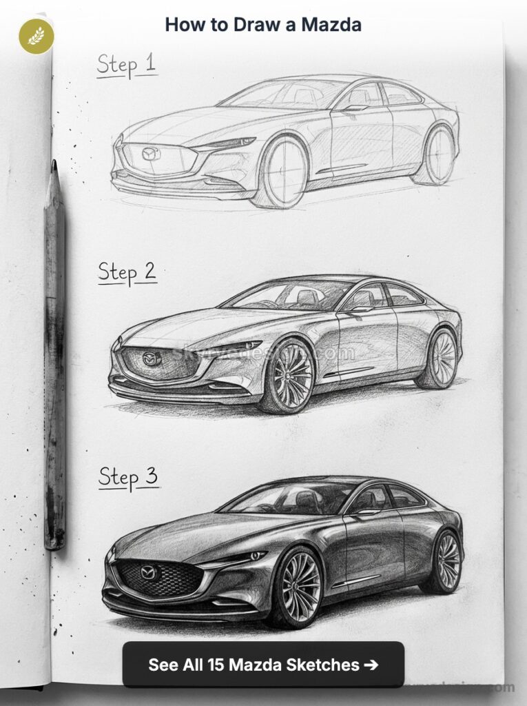 How to draw a Mazda — step-by-step pencil sketch tutorial showing three drawing stages of a Mazda car with pencil