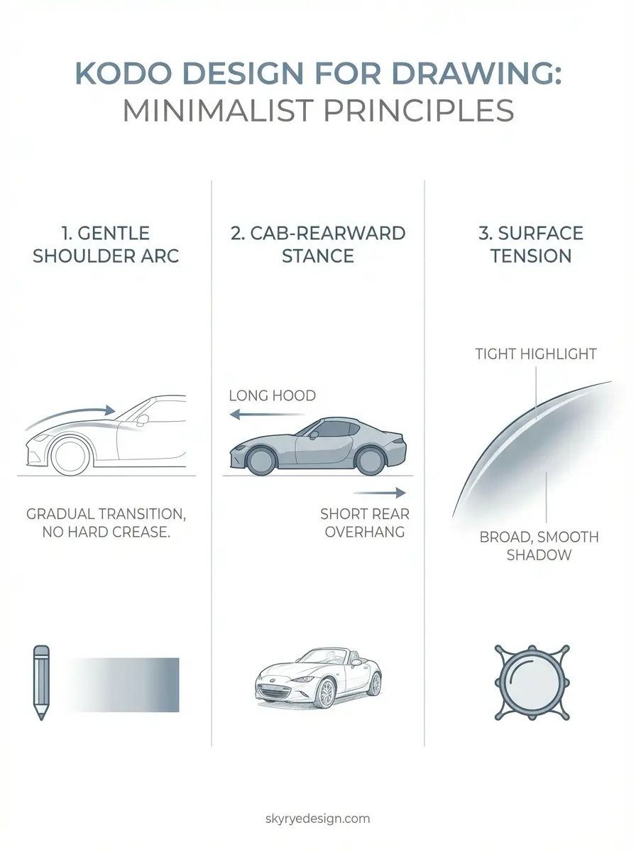 Kodo design infographic: minimalist car principles, gentle shoulder arc, cab-rearward stance, surface tension, sketches