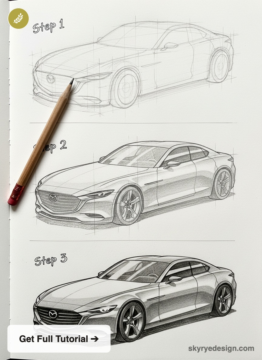 Car drawing tutorial: pencil sketch, three-step guide to drawing a sleek sedan in a sketchbook.