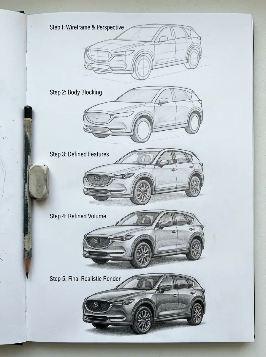 Step-by-step pencil car sketch tutorial: SUV wireframe to realistic final render in sketchbook with pencil and eraser