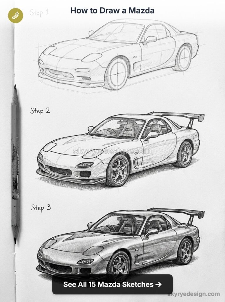 How to draw Mazda RX-7: pencil tutorial with three-step sketches showing sports car drawing progression.