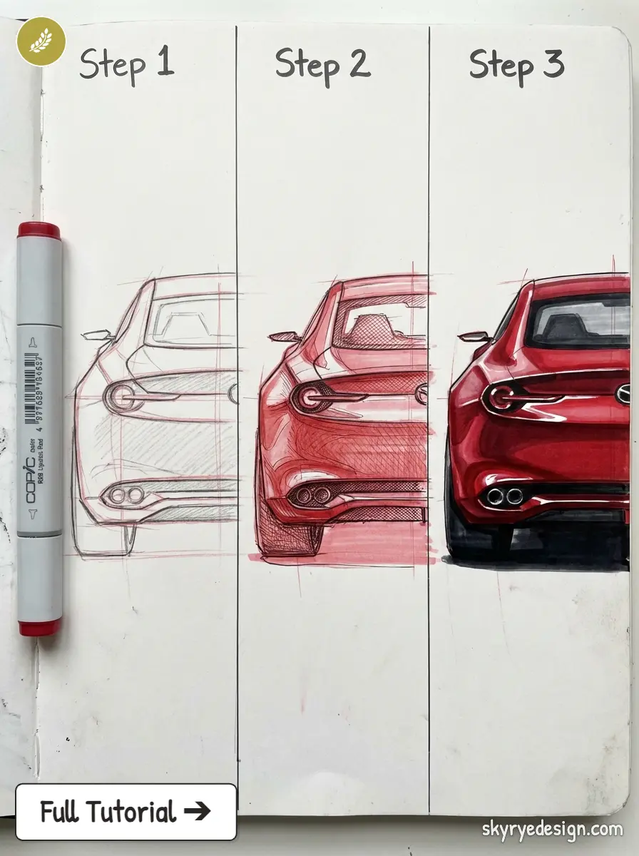Three-step rear-view red car sketch progression (Step 1 outline, Step 2 shading, Step 3 rendered) with red marker and Copic